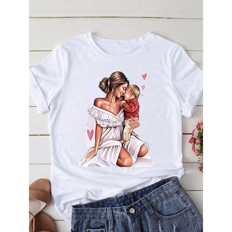 Wholesale Polyester Fun Mother's Day Printed Pattern Round Neck Short Sleeves